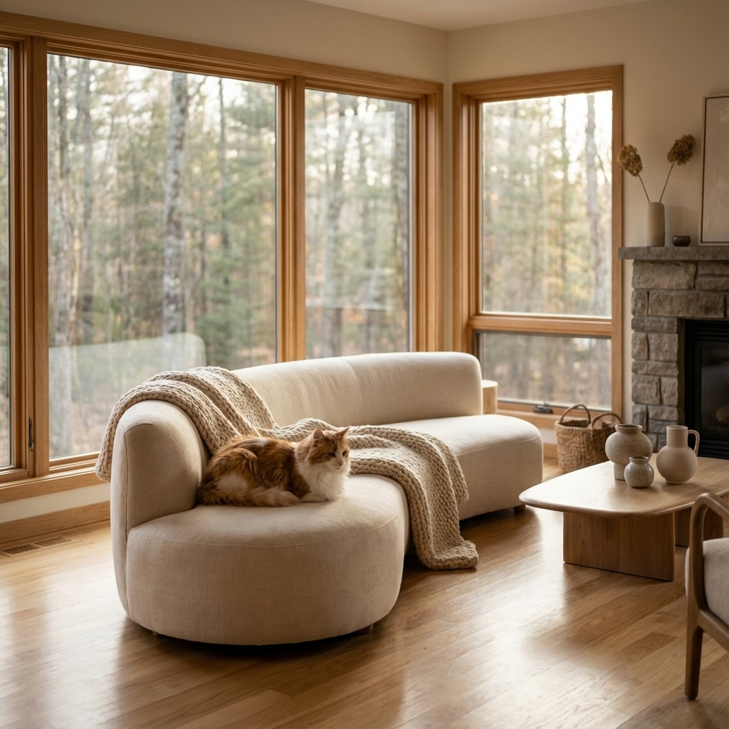 Cozy nordic living room with cat